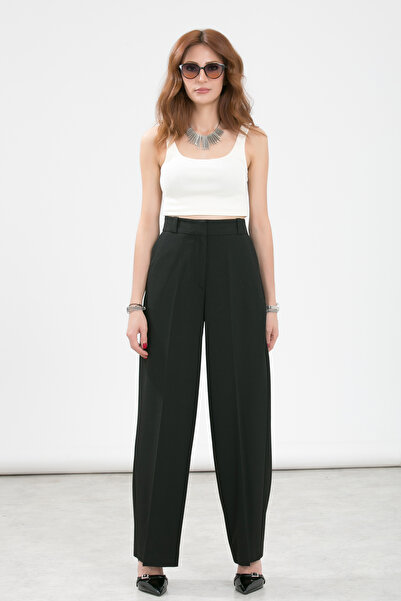 LA PANTE بنطلون نسائي واسع الساق باللون الأسود قماش قابل للتمدد واسع الساق مريح ذو خصر عالٍ مع جيوب خلفية