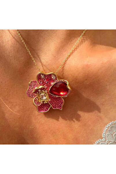 captiva Gold Çelik Zincirli Büyük Boy Pembe Kırmızı Taşlı Çiçek Kolye 45 cm
