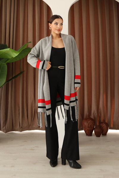 ALCHON U-Neck Long Sleeve Striped Stripe Interlace Pattern Skirt Tassel Shawl Look Seasonal Knitwear Cardigan