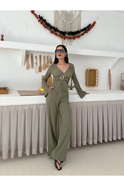 mielva Kadın Haki Tokalı Kruvaze Üst ve Geniş Paça Pantolon Takım
