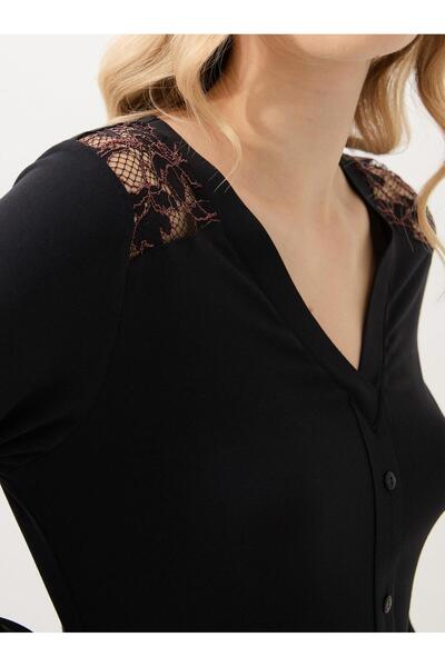 Blackspade Women's Black Front Button Lace Detailed Pajama Set – Long Sleeve, V-Neck C2T0N915