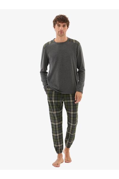 Blackspade Men's Anthracite Pajama Set – Plaid Bottom, Long Sleeve, Elasticated Leg C4T0N804