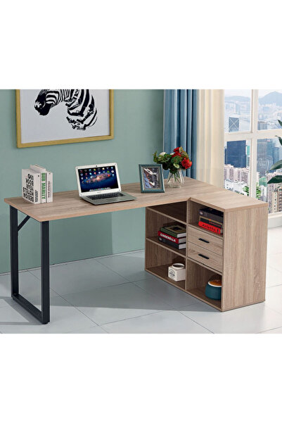 micasa Epsom 5-Tier Shelf and 2-Drawer Metal Frame Particle Board L-Shaped Computer Desk