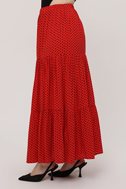 MAKSEN TEKSTİL Polka Dots Long Skirt - Viscose Fabric Comfortable Fit Elastic Waist Three Layers of Ruffles Gypsy Style