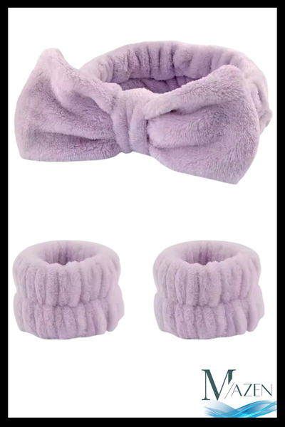 MAZEN Fiyonklu Peluş Saç Bandı & Su Tutucu Kolluk Seti | Makyaj Spa Yüz Yıkam...