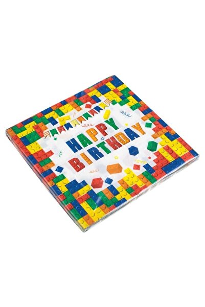 SHOPIENS Set 20 Pieces Table Napkins 1 Layer 33x33cm White with Colorful Bricks and Happy Birthday Print for