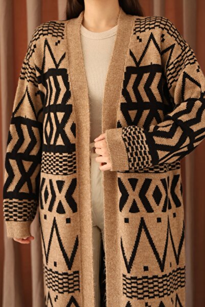 ALCHON V-Neck Off-The-Shoulder Long-Sleeved Geometric-Shaped Jacquard Midi Below-The-Knee Length Thick Winter Knitwear Cardigan