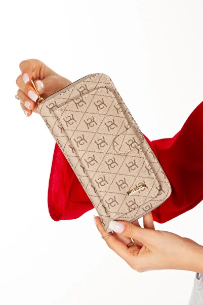 Eliza Kadın Deri Desenli Telefon Kağıt Para Bölmeli Kartlık Ve Cüzdan - Bej