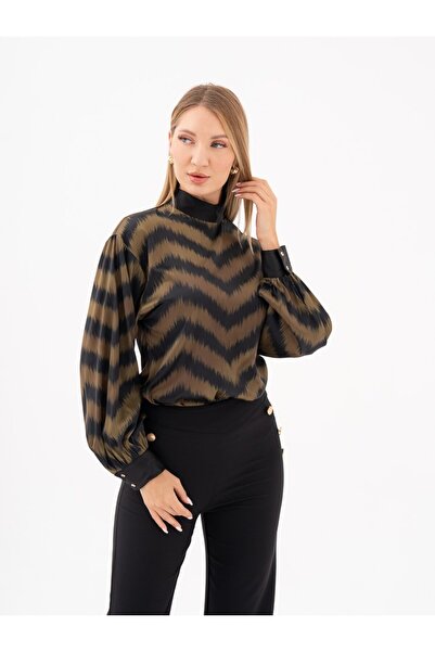 SERPİL Desenli Dik Yaka Uzun Kollu Bluz 39312
