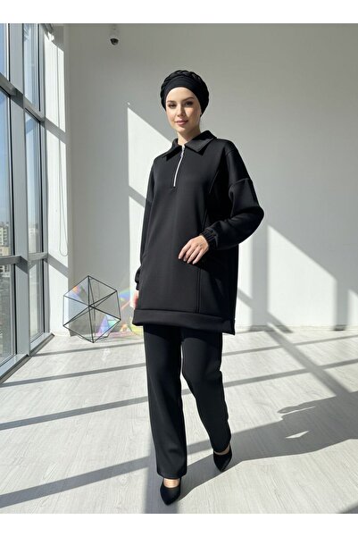 moda paketi Scuba Zippered Oversize Tight-Footed 2-Piece Set