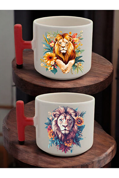 lili hediyelik طقم من كوبين للاتيه مطبوع عليه أسد بين الزهور - أكواب سيراميك ...