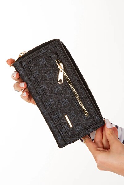 Eliza Kadın Deri Desenli Telefon Kağıt Para Bölmeli Kartlık ve Cüzdan - Siyah