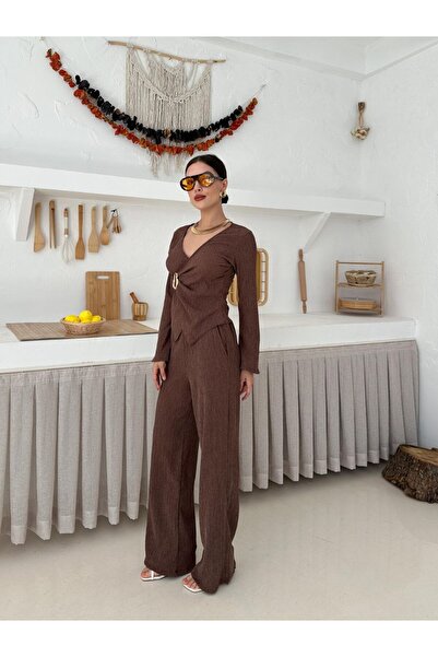 mielva Women's Brown Buckle Double Breasted Top and Wide Leg Pants Set