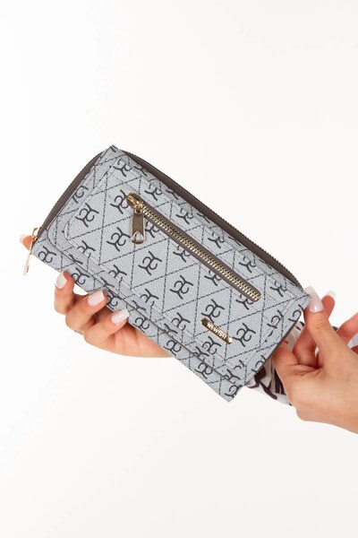 Eliza Kadın Deri Desenli Telefon Kağıt Para Bölmeli Kartlık ve Cüzdan - Gri