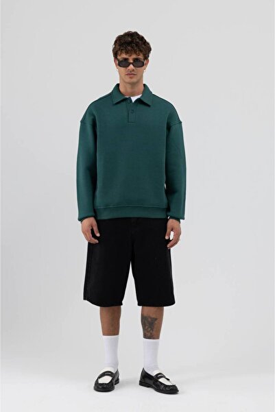 İLKCET MODA Πράσινο Premium Oversize Unisex φούτερ με κουμπιά