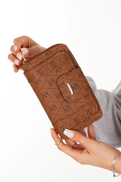 Eliza Kadın Deri Desenli Telefon Kağıt Para Bölmeli Kartlık Ve Cüzdan - Taba