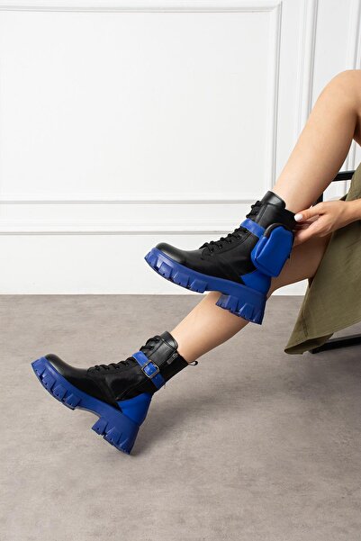 ShoeTek Lorbi Kadın Bot Çantalı Postal Lacivert Tabanlı Siyah Deri