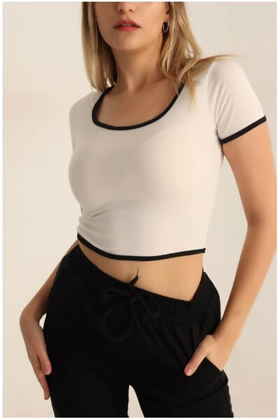 hazelin Women's Beige Black Piping Short Sleeve Lycra Sendycrop Blouse Hzl24S-Snd190901