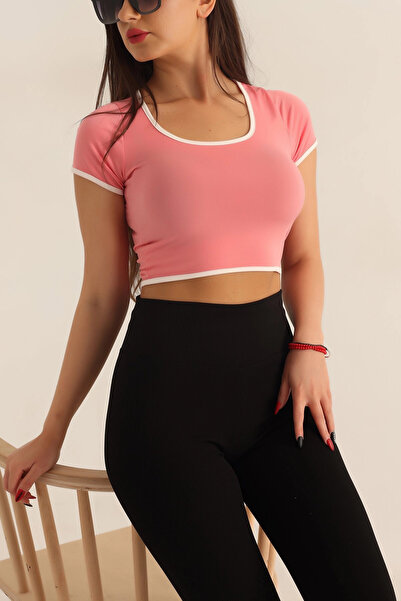 hazelin Women's Pink White Piping Short Sleeve Lycra Sendycrop Blouse Hzl24S-Snd190901