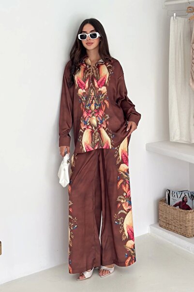 AsprinFashion Costum din țesătură satinată cu model maro