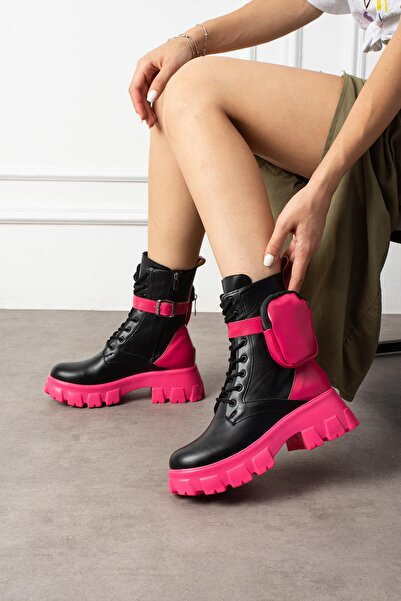 ShoeTek Lorbi Kadın Bot Çantalı Postal Fuşya Tabanlı Siyah Deri