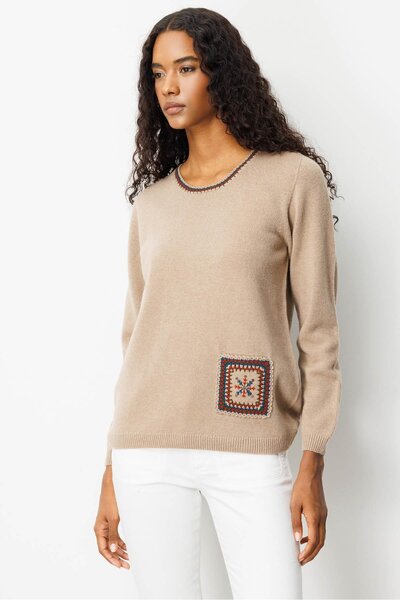 Desen Triko Women's Crew Neck Pocket and Collar Crocheted Wool Sweater Beige
