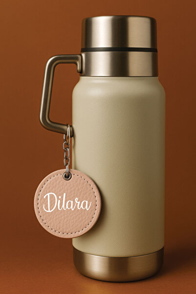Cekuonline Kişiye Özel İsim Yazılı Termos Suluk Charmı Çanta Süsü Aksesuar Zincirli Deri Pembe Countryside