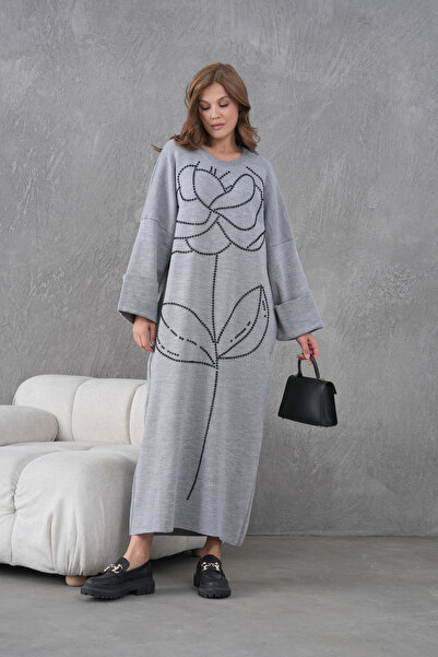 Miss Allos Women's Front Beaded Wide Fit Long Knitwear Dress