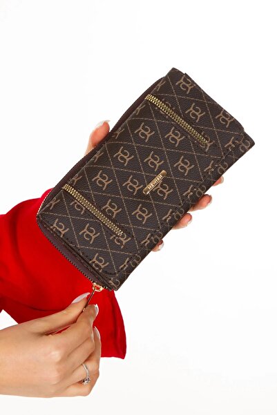 Eliza Kadın Deri Desenli Telefon Kağıt Para Bölmeli Kartlık ve Cüzdan - Kahve...