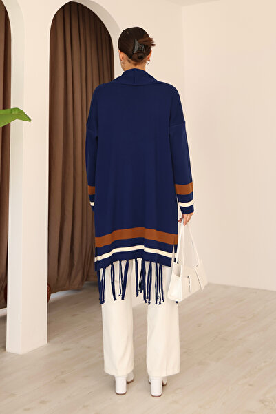 ALCHON U-Neck Long Sleeve Striped Stripe Interlace Pattern Skirt Tassel Shawl Look Seasonal Knitwear Cardigan