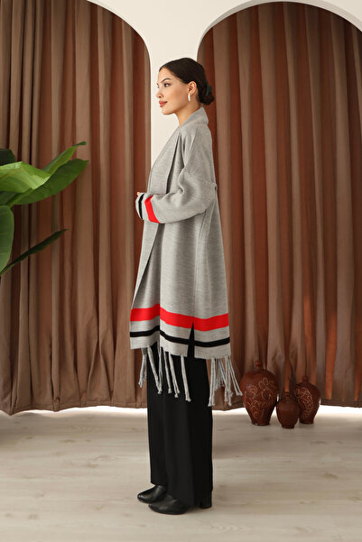 ALCHON U-Neck Long Sleeve Striped Stripe Interlace Pattern Skirt Tassel Shawl Look Seasonal Knitwear Cardigan