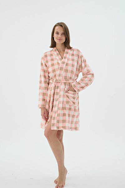 Sevim Women's Soft Square Patterned Belted Dressing Gown with Pockets – Pink Beige C6T8N261