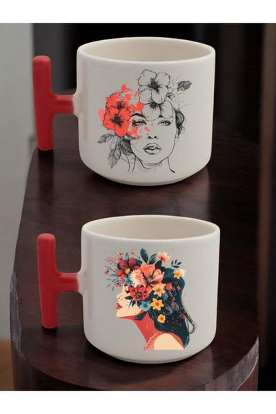 lili hediyelik Flower and Women Printed 2-Piece Latte Cup Ceramic Mug - Ceram...
