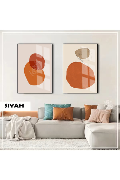 Harikabirev Hari̇kabi̇rev | Orange-Brown Color Bohemian Plant Combination 01 | Framed Glass Table 2-Piece Vertical