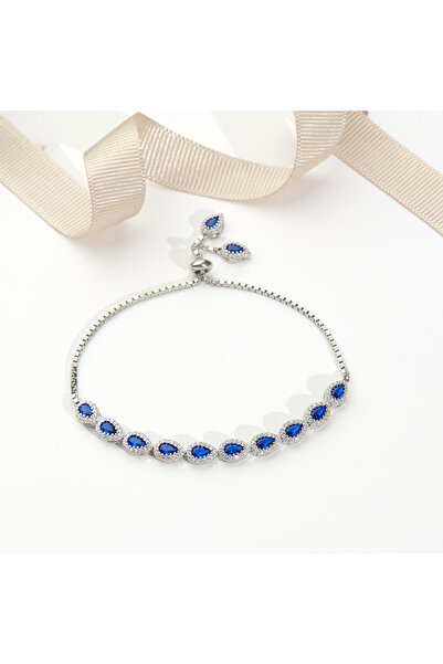 Siset Gümüş 925 Ayar Damla Safir Taşlı Asansörlü Gümüş Bileklik