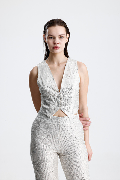 Sense Lined Pulpayet Evening Dress Vest |   Ylk36418 Beige