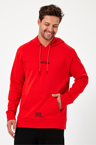 CLIPMAN Men's Regular Fit Hooded 2-Thread Printed Sweatshirt Red