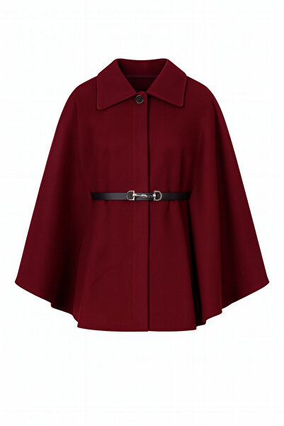 SKYBEAR Women's Burgundy Cashmere Poncho with Belt Detail