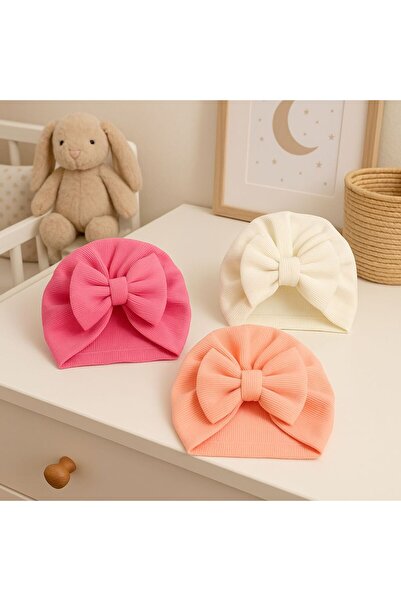 Pico Baby Fiyonklu Çift Kat Bebek Bone 3'lü Set-Pembe/Beyaz/Pudra