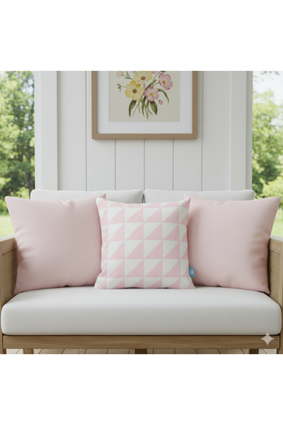 Bc Home Pembe Beyaz, Geometrik Desenli, Kare Kırlent Kılıfı, 43 x 43 cm , 1 A...
