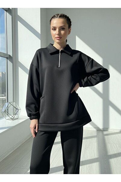 moda paketi Scuba Zippered Oversize Tight-Footed 2-Piece Set