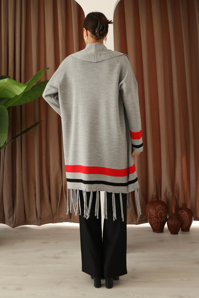ALCHON U-Neck Long Sleeve Striped Stripe Interlace Pattern Skirt Tassel Shawl Look Seasonal Knitwear Cardigan