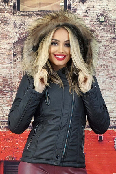 WildFashion Φθινοπωρινό μπουφάν με κουκούλα από φυσική γούνα C555-1 S/M