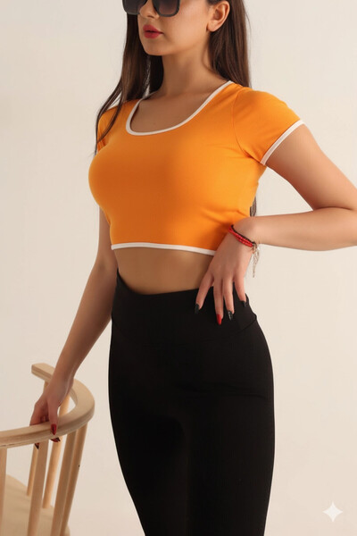 hazelin Women's Orange White Piping Short Sleeve Lycra Sendycrop Blouse Hzl24S-Snd190901