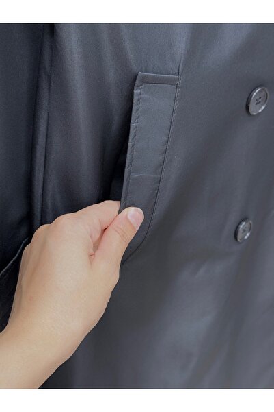 BENAHOLL Doresia Düğmeli Bağlamalı Uzun Trenç-ZŞ6003 Siyah