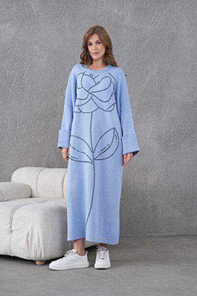 Miss Allos Rochie lungă din tricot pentru femei, cu broderie în față