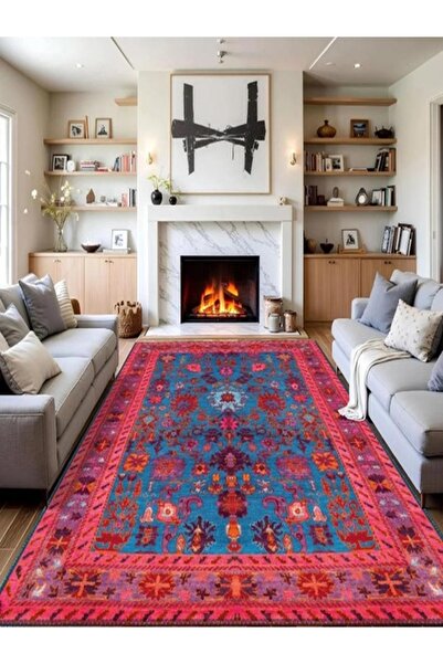 Anadolu Motif Evi Canlı Çiçekler – Mavi ve Pembe Renkli Canlı Desenli Halı