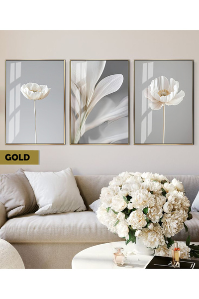 Harikabirev Hari̇kabi̇rev | Soft Blue-White Flower Combination | Framed Glass Table 3-Piece Vertical