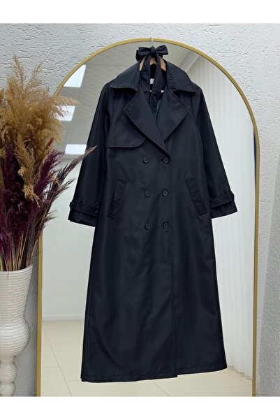 BENAHOLL Doresia Düğmeli Bağlamalı Uzun Trenç-ZŞ6003 Siyah