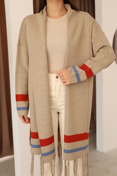 ALCHON U-Neck Long Sleeve Striped Stripe Interlace Pattern Skirt Tassel Shawl Look Seasonal Knitwear Cardigan